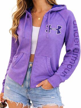 Under Armour Purple Logo Sleeve Full Zip Hoodie Thermal Lined S